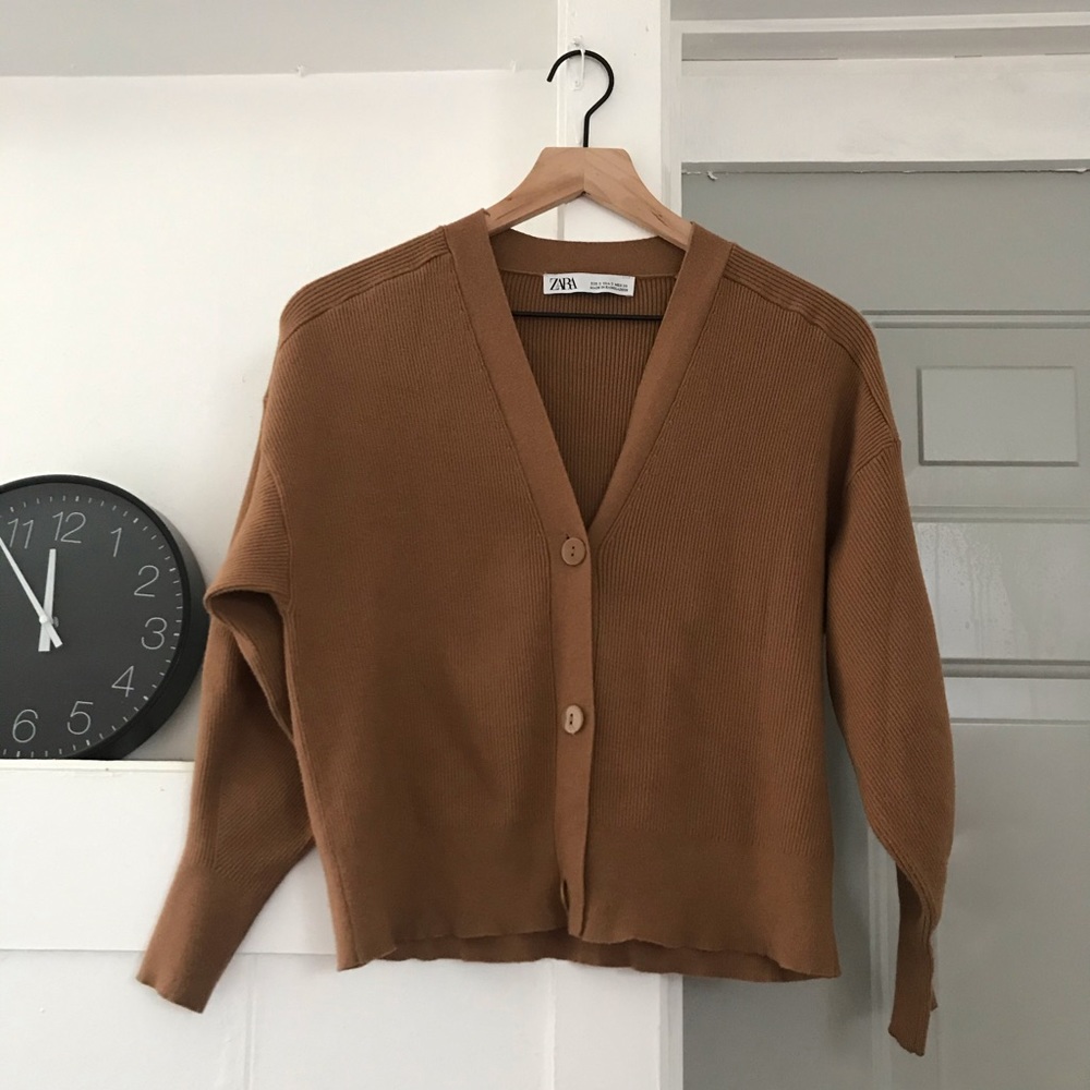 ZARA Camel Oversized Ribbed Cropped Cardigan